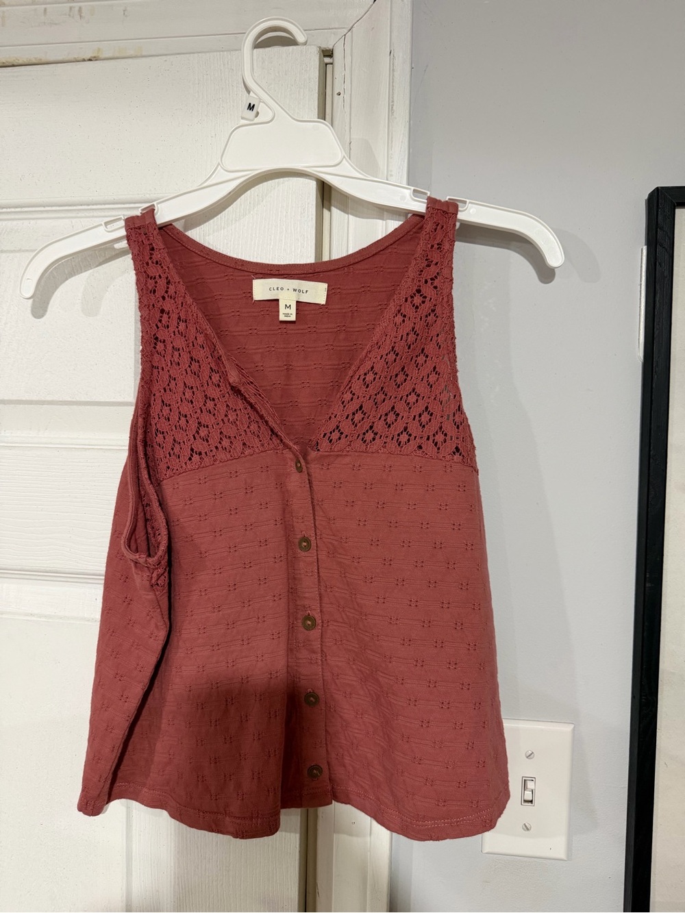 CLEO + WOLF Dusty Rose Crochet Button Front Tank